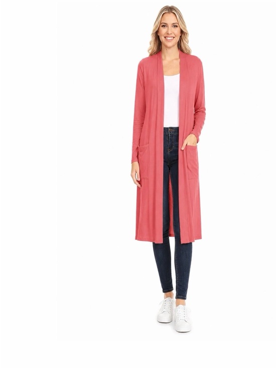 Terra & Sky Sweaters - Terra & Sky Long Open-Front Cardigan in Coral Pink Size XL